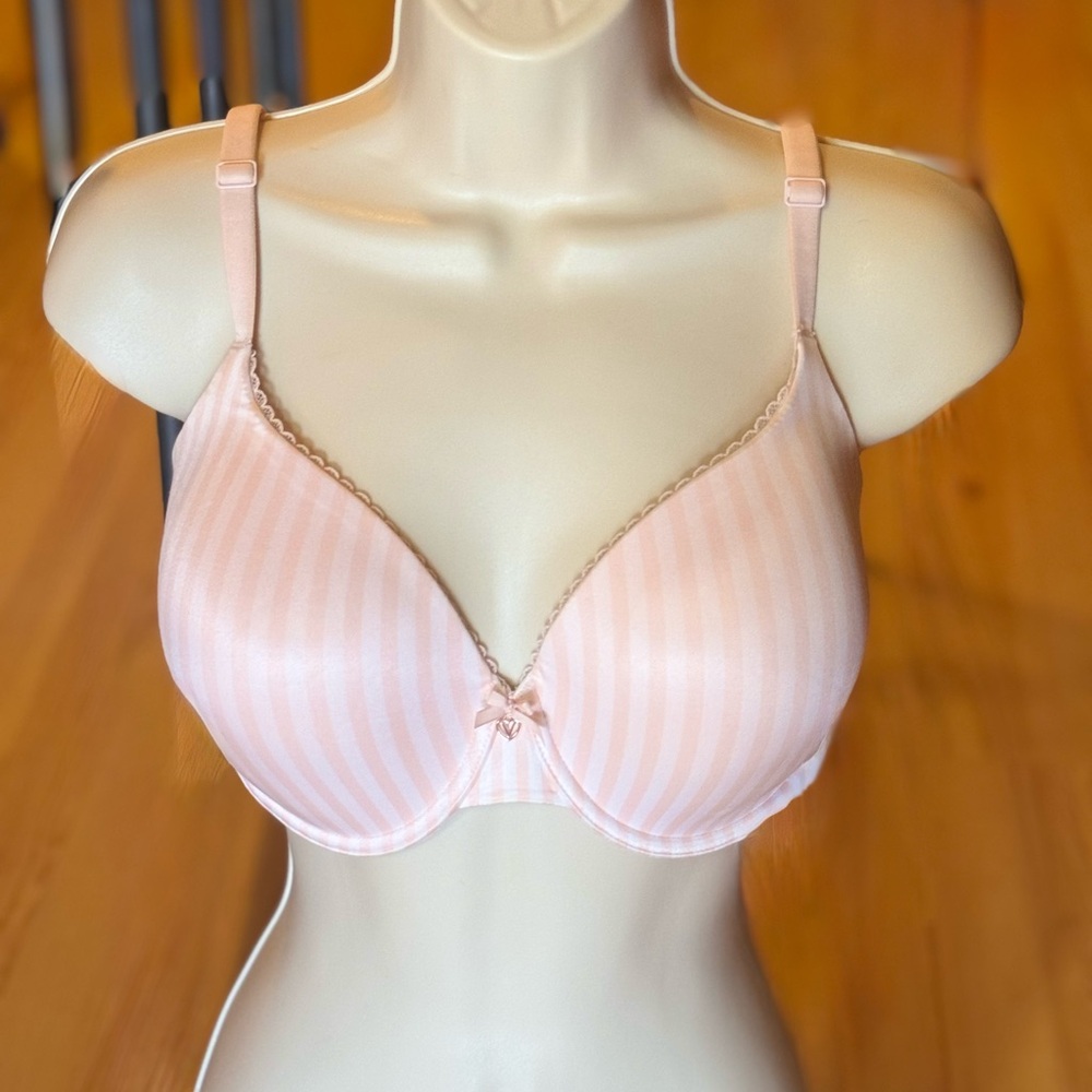 Victoria’s Secret White and Pink Striped Body by Victoria Satin Bra 34DDD